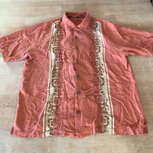 Tommy Bahama 100% Silk Hawaiian Shirt Men L Salmon Pink Floral Button Up 17417